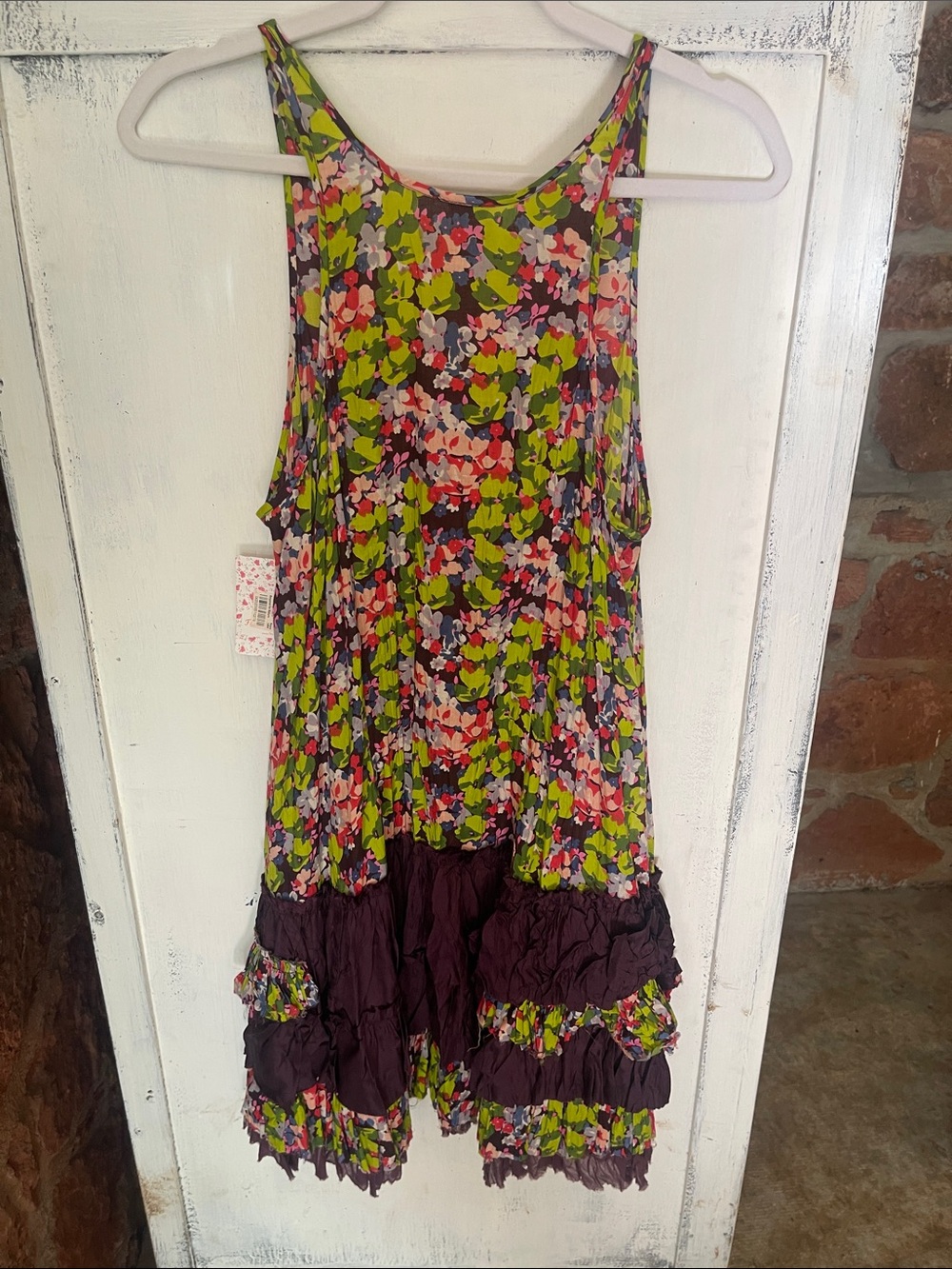 NWT. Free People Floral Tank Dress in Lime Green, Pink & Purple - Picture 3 of 3